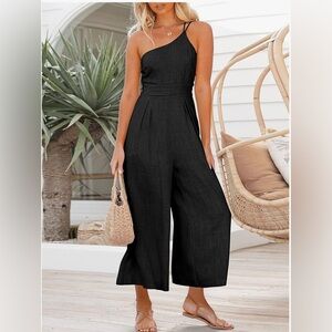 🟡 ONE SHOULDER HIGH WAISTED WIDE LEG LINEN JUMPSUIT ROMPER - SIZE MEDIUM - NWT 🟡